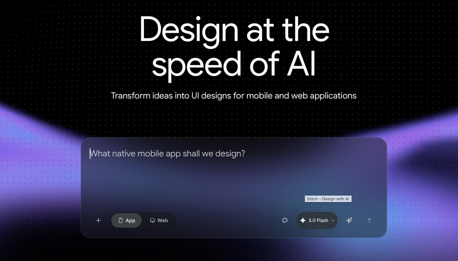 A prompt in Google Stitch generates a landing page layout with colors, fonts, and sections already arranged.