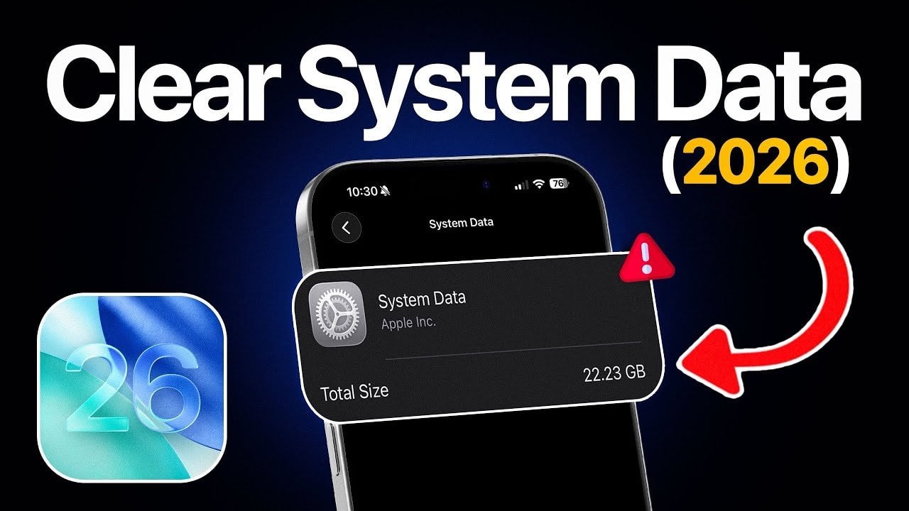 iPhone Storage settings showing iOS 26 System Data taking up a large portion of device space.
