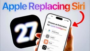 App Store mock section highlighting Siri AI add-ons and third-party services ready for iOS 27 integration.