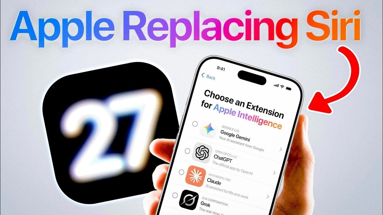 App Store mock section highlighting Siri AI add-ons and third-party services ready for iOS 27 integration.