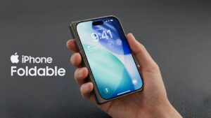 Artist render of iPhone Fold opened to a 7.8-inch screen with a 4:3 tablet-like layout.