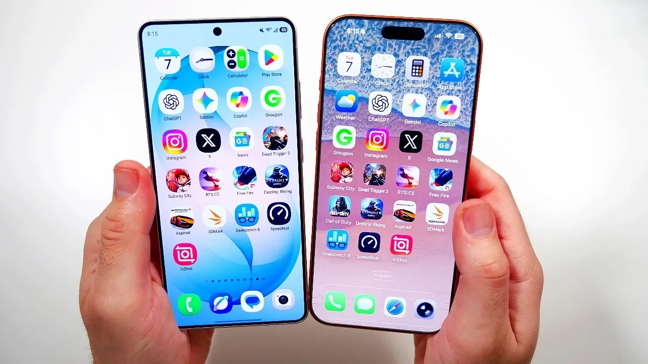 Galaxy S26 Ultra and iPhone 17 Pro Max shown together, highlighting size, camera bump shape, and materials.