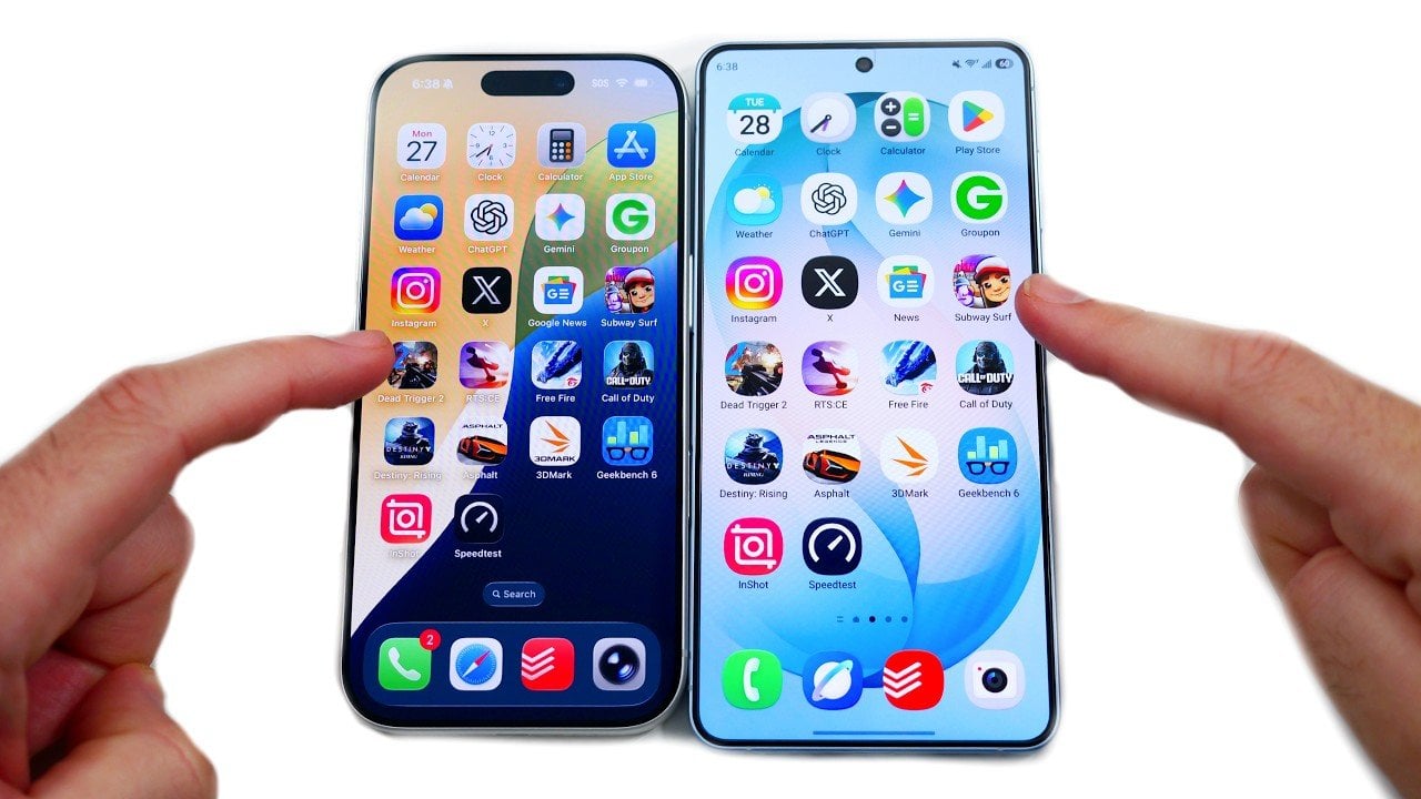 Side-by-side view of iPhone 17 Pro and Galaxy S26 Plus showing timing results for common app launches.