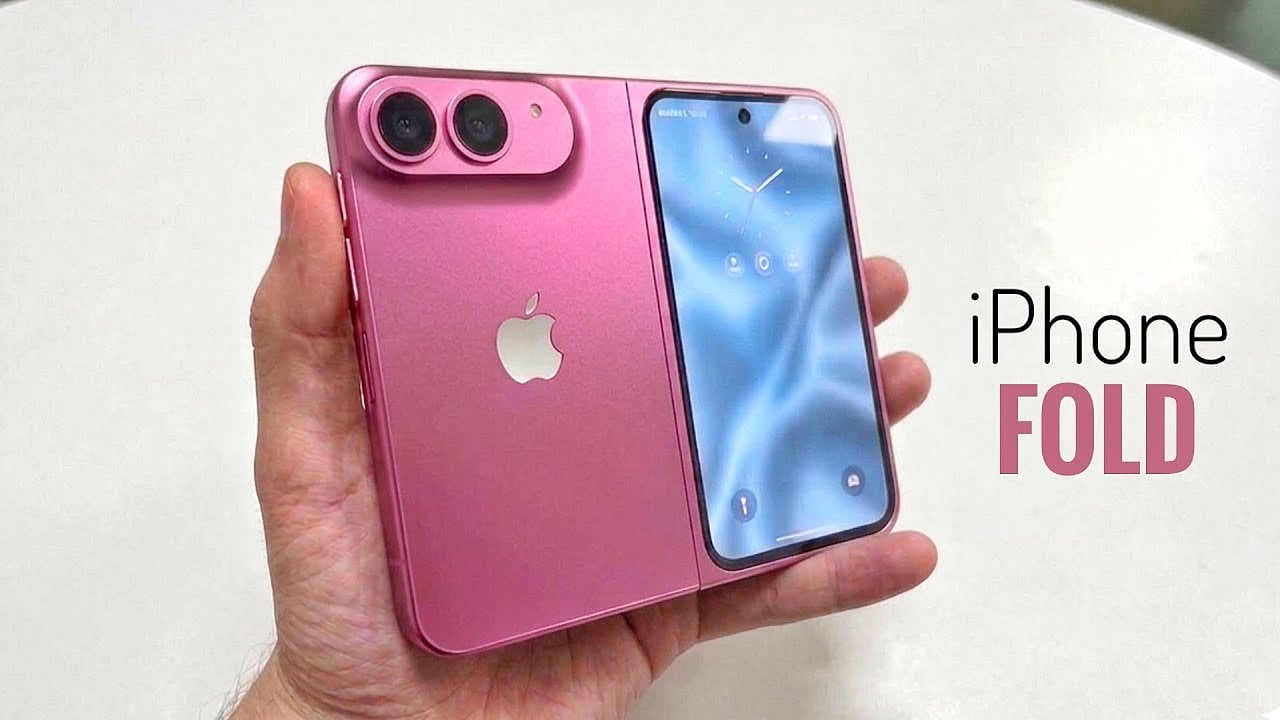 Unfolded iPhone Fold dummy displays a 7.8-inch landscape screen with room for video playback and split-screen apps.