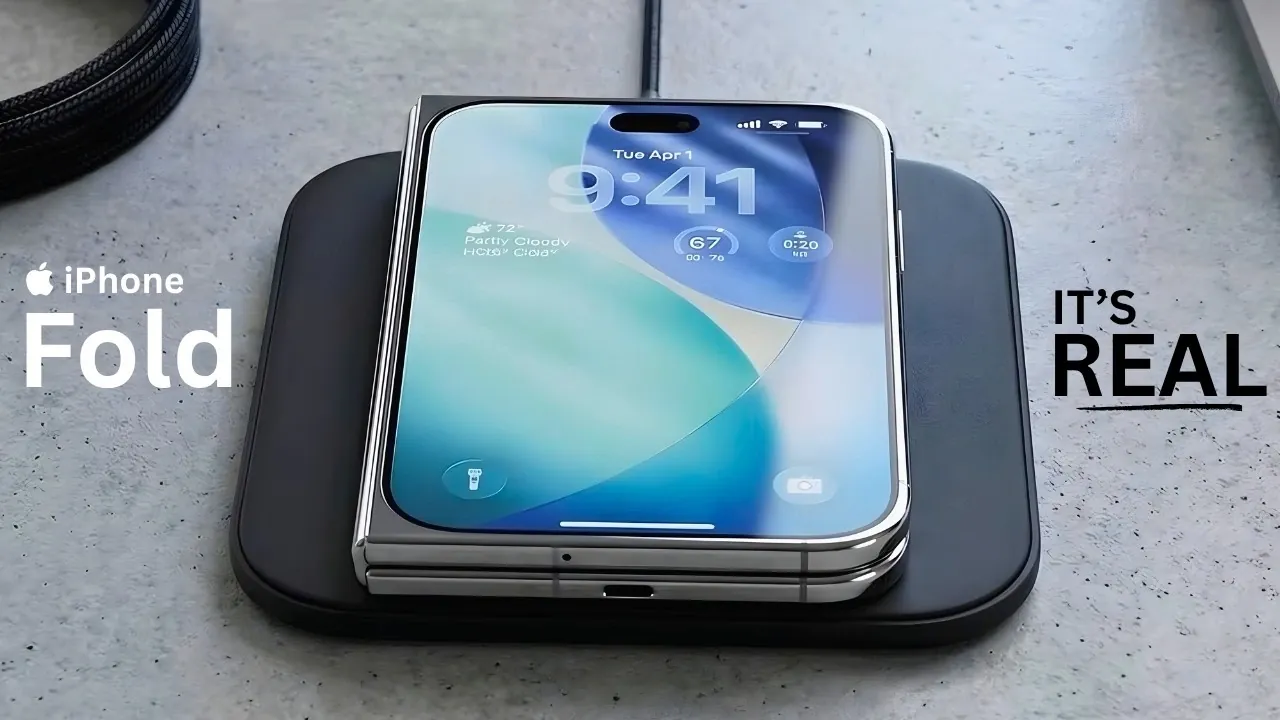 Factory line image showing early iPhone Fold trial production units moving through assembly and inspection stations.