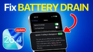 iPhone Settings shows Battery Usage after iOS 26.4 update, with background activity listed under recent power use.