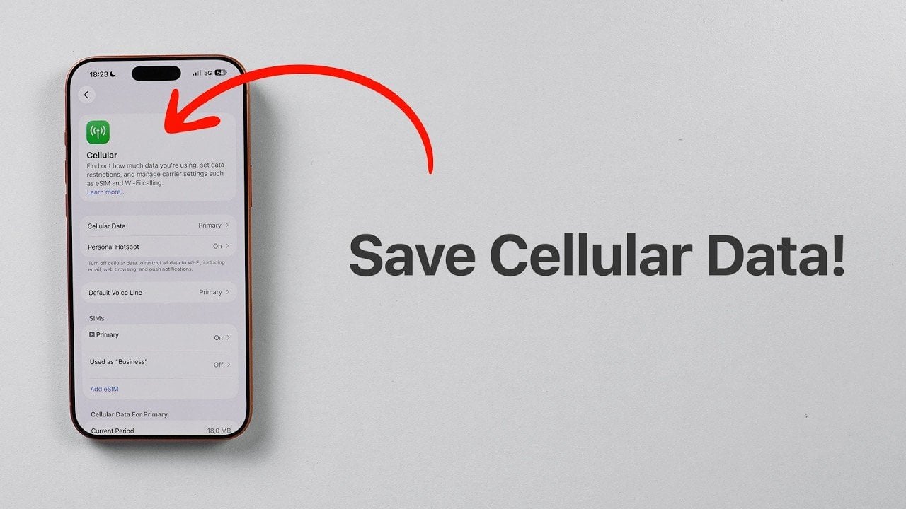 iPhone Settings screen showing Low Data Mode switched on under Cellular Data Options to reduce background usage.