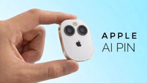 Close-up mockup of a wearable AI pin with aluminum and glass finish, sized slightly thicker than an AirTag.