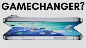 Concept render of Apple’s book-style foldable iPhone showing a tall outer screen and tablet-like inner display.