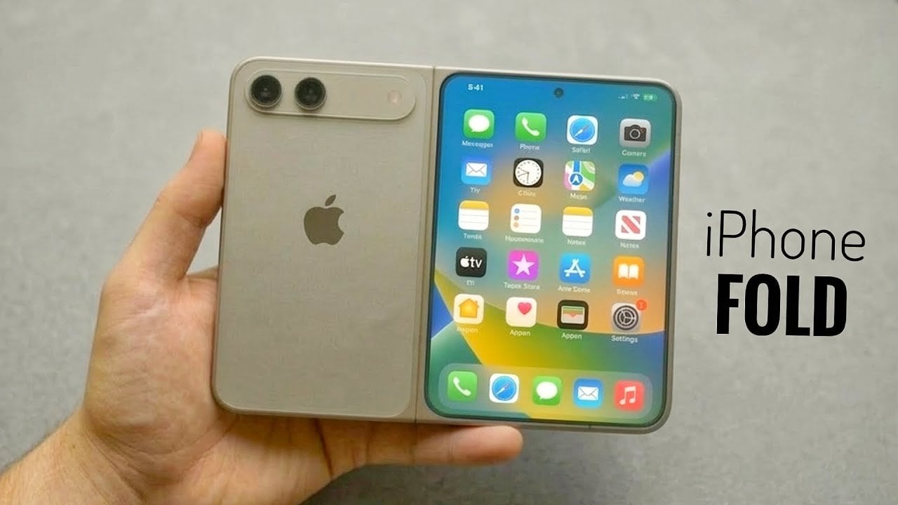 Render of Apple’s foldable iPhone in book style, showing the inner 8-inch screen and outer cover display.