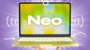 Video call preview on MacBook Neo showing Edge Lighting and iPhone Continuity Camera selected for better quality.