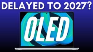 Render of an OLED MacBook Pro concept with a thinner lid, shown alongside an early 2027 timeline note.