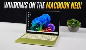 Performance view showing MacBook Neo running a Windows 11 virtual machine with limited RAM allocation and CPU cores.