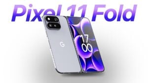 Side profile render showing the Pixel 11 Pro Fold thickness in folded and unfolded positions.