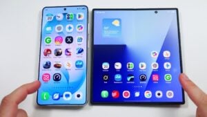 Galaxy Z Fold 7 hinge and inner panel shown under light to illustrate scratch sensitivity and careful handling needs.