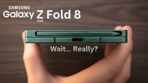 Samsung Galaxy Z Fold 8 shown folded and unfolded, highlighting the larger 8-inch inner display and cover screen.