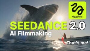 Higgs Field interface showing Seedance 2.0 video generator with prompt box, settings panel, and credit balance.