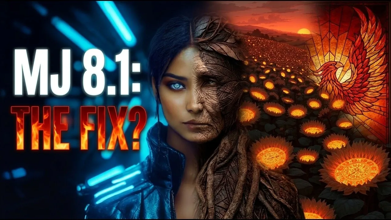 A split screen showing a portrait generated in Midjourney V8 next to the improved V8.1 version