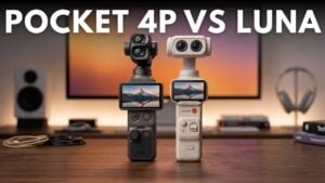 DJI Osmo Pocket 4P and Insta360 Luna pocket gimbal cameras displayed side by side