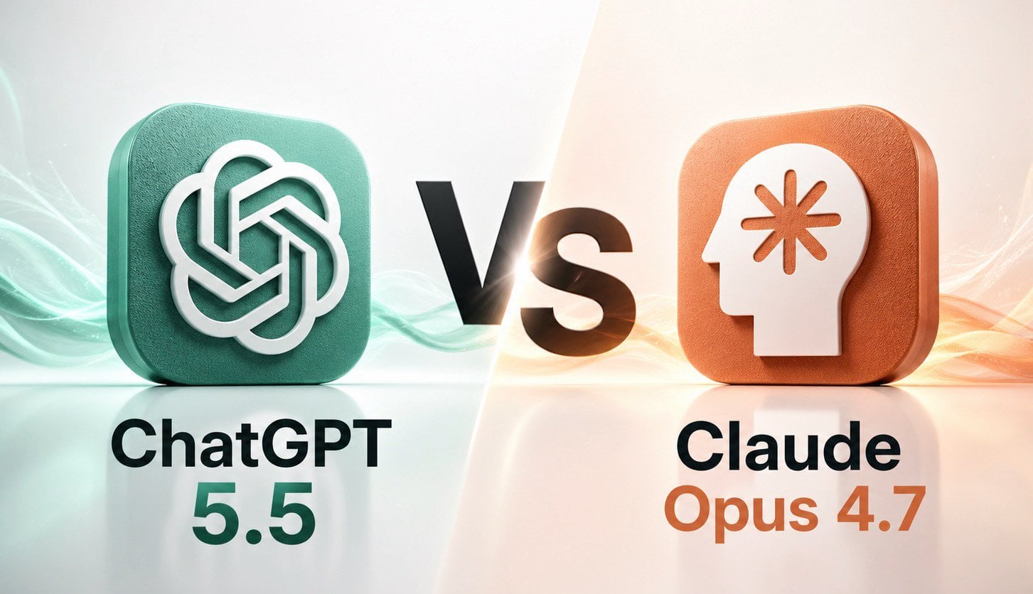 Split screen comparison of GPT 5.5 and Claude Opus 4.7 user interfaces.