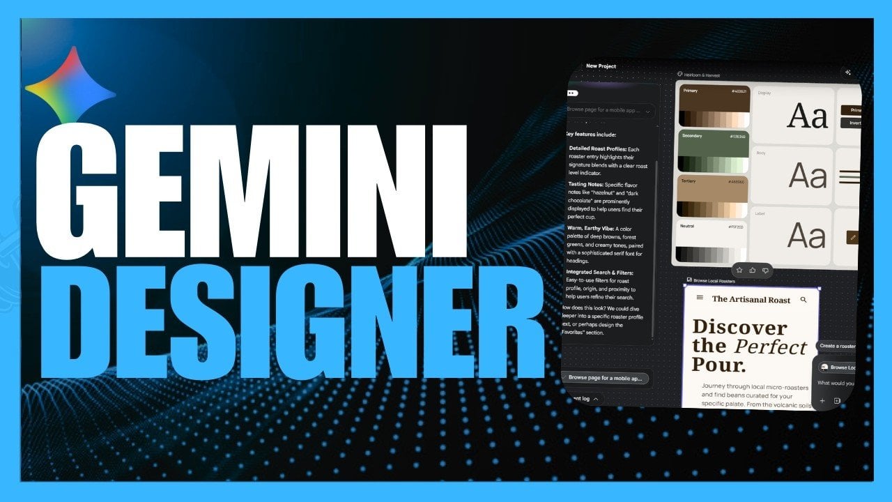 Screenshot of Google Stitch showing an AI-native canvas mixing text, images, and code in one workspace.