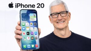 Diagram-style image showing Face ID sensors and a selfie camera placed under the iPhone 20 screen.