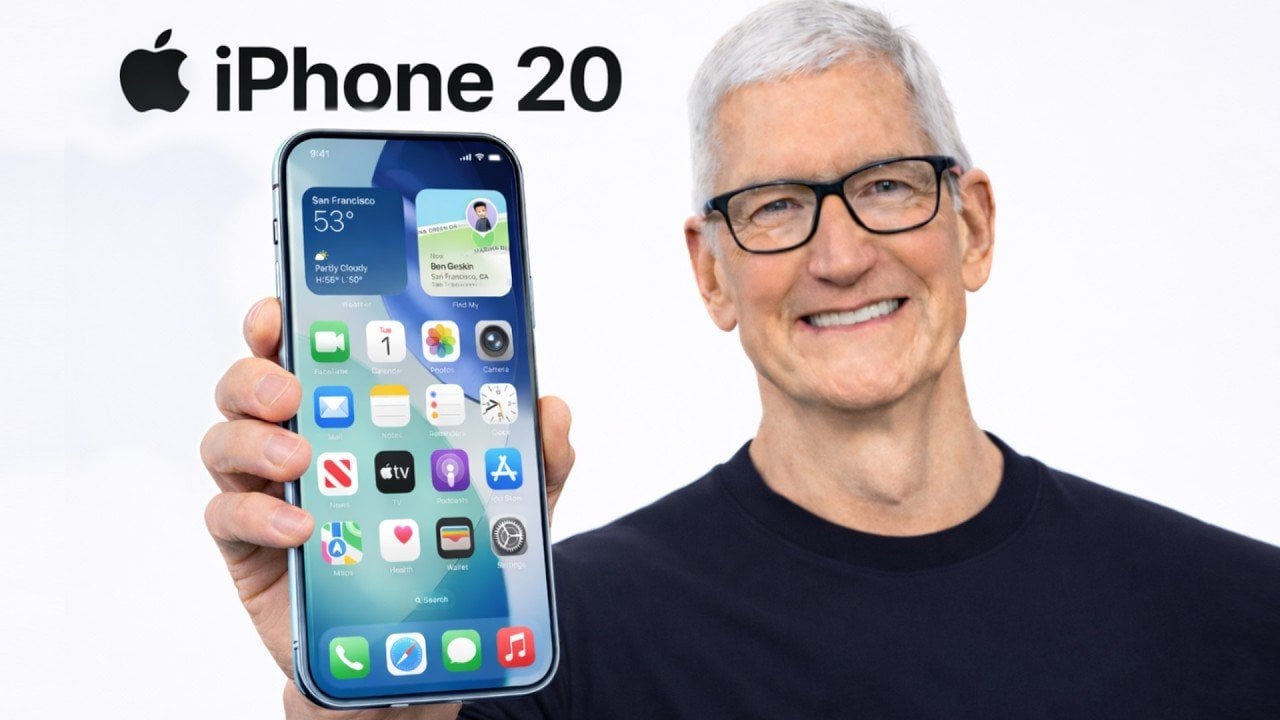 Diagram-style image showing Face ID sensors and a selfie camera placed under the iPhone 20 screen.