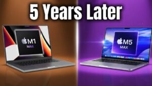 Two MacBook Pro models compared, showing Apple M1 Max and M5 Max performance differences over about five years.