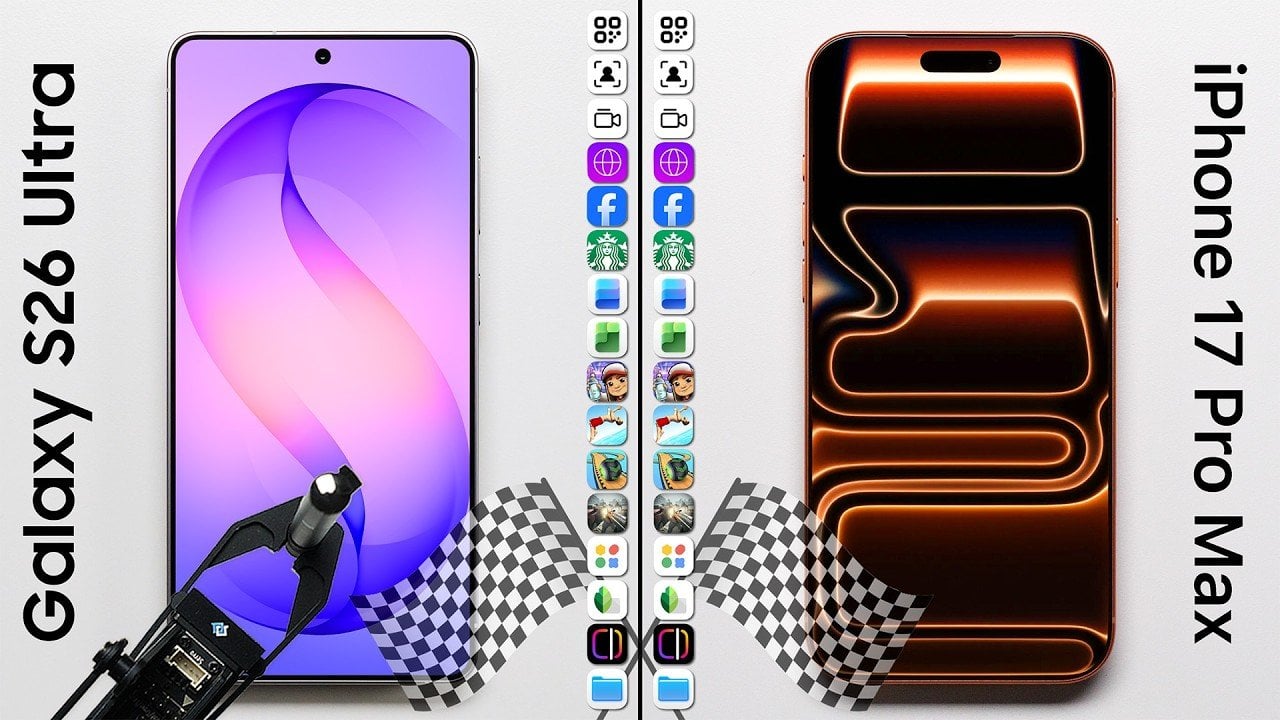 AI processing task running on-device, comparing model inference time between Galaxy S26 Ultra and iPhone 17 Pro Max.