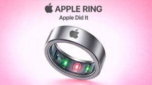 Illustration of an Apple smart ring concept showing gesture control used to manage iPhone music playback.