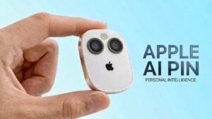 Diagram showing an iPhone connected to an AI pin, with arrows for camera, microphone, and on-device processing.