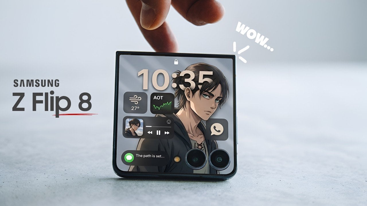 Samsung Galaxy Z Flip 8 shown folded, highlighting a slimmer body that is about 0.5mm thinner than before.