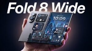 Rendered view comparing Galaxy Z Fold 8 Wide closed width to earlier Fold models for one-hand use.