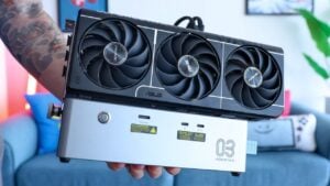 An open-air Aostar AG03 eGPU setup featuring a high-end graphics card.