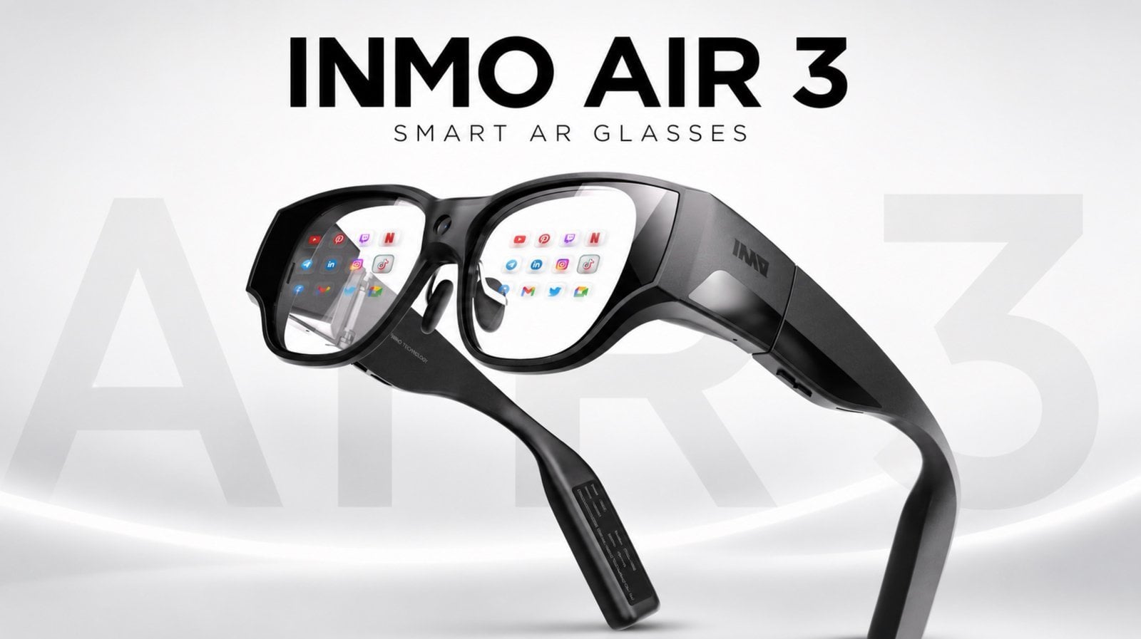 Three floating virtual screens displayed through INMO Air 3 lenses.