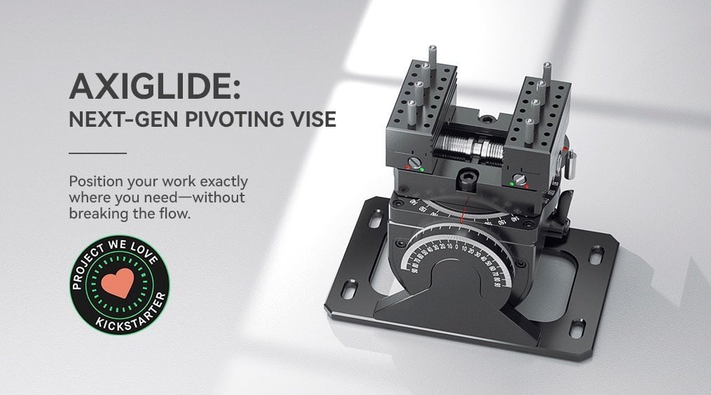 AxiGlide dual-axis pivoting vise showing 360-degree rotation