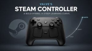 Player holding the Steam Controller during a PC gaming session