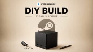 A custom compact Steam Machine gaming PC in a living room setup