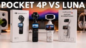 DJI Osmo Pocket 4 Pro camera displayed next to the Insta360 Luna Ultra