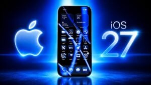 A foldable iPhone displaying side-by-side app multitasking in iOS 27