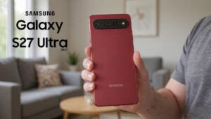 Comparison graphic showing Galaxy S27 Ultra horizontal camera bar next to the older vertical Ultra layout.