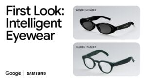 A stylish model showcasing the Gemini-powered smart glasses.