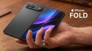 Render-style view of Apple’s rumored foldable iPhone Ultra opening like a notebook with a wide inner screen.