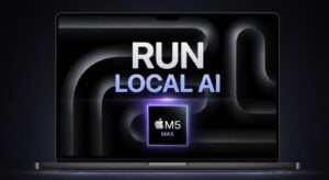 Apple M5 Max MacBook Pro displaying local AI model execution metrics.