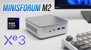 Front view of the compact Minisforum M2 mini PC on a desk