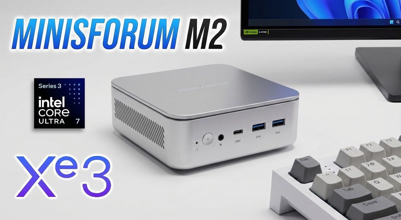 Front view of the compact Minisforum M2 mini PC on a desk