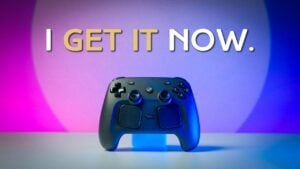 The Steam Controller paired with a Steam Deck in a living room