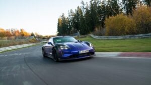 Porsche Taycan Turbo GT with Manthey Kit driving on the Nürburgring track