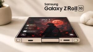 Close-up of Samsung's rollable display transitioning to tablet size.