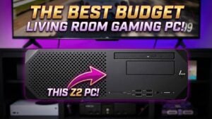Completed budget SFF gaming PC sitting in a living room setup